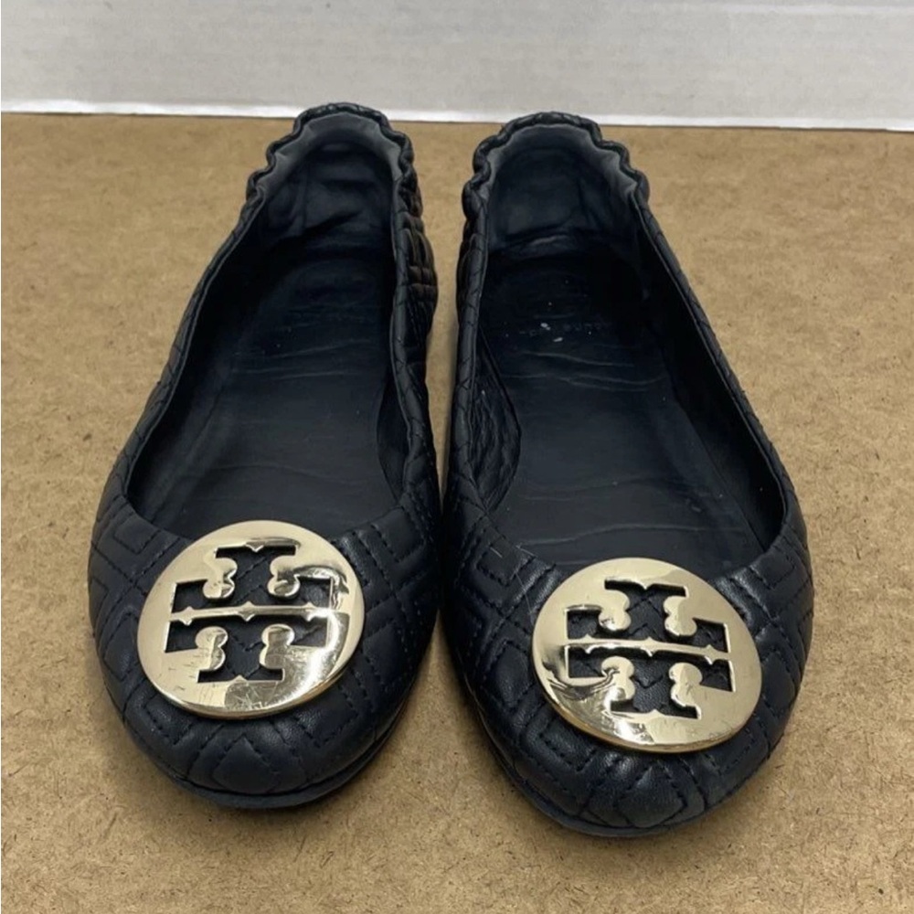 Tory Burch Black Flats with Gold Logo